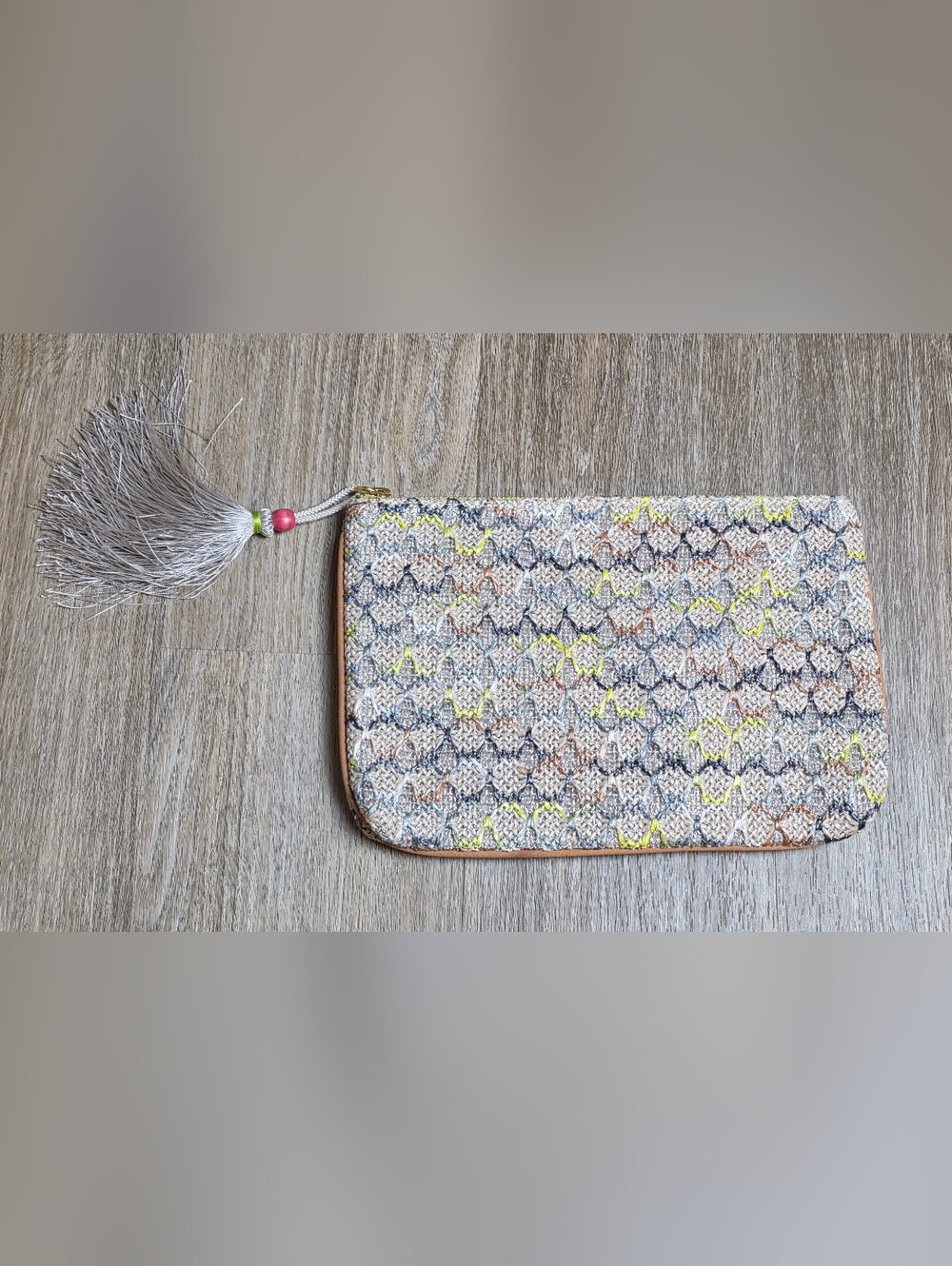 Anthropologie Miss Albright Woven Clutch Bag Metallic Boho Tassel Makeup Pouch